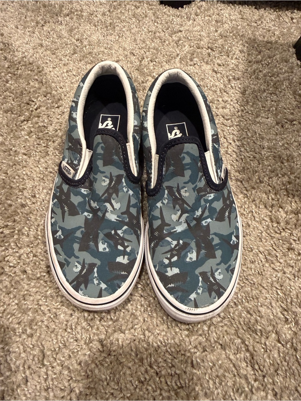 Vans Kids Slip-On Sneakers in Blue/Gray Camo Shark Print